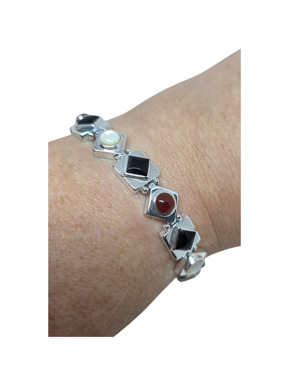 Sterling Silver Multi-Stone Link Bracelet Onyx, Carnelian, Moonstone